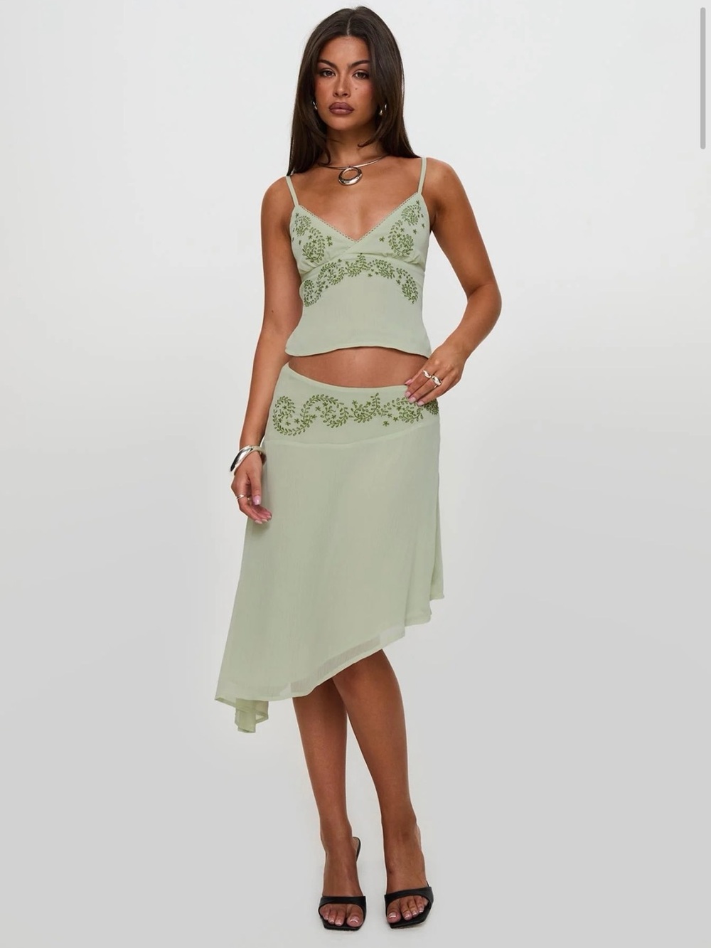 Princess Polly Light Sage Asymmetrical Midi Skirt with Embroidered Waist - Women